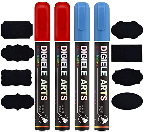 DIGIELE Marqueur Craie Rouge + Bleu, 2pcs Marqueurs Craie Rouge 6mm + 2pcs Feutre Craie Liquide Bleu 6mm + 16 Etiquettes Noir, Effaçage avec Chiffon Humide ou Sec, Pointe Réversible Ogive ou Biseau