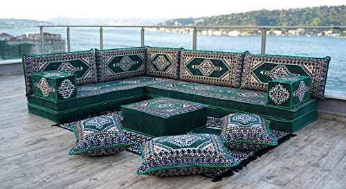 Grünes L-förmiges Premium-Bodensofa-Set, Bodenkissen, Balkon-Terrassensofas, Palettensofa, ethnisches Sofa, marokkanische Sofas, Schnittsofas (L Sofa + Teppich + Hocker)