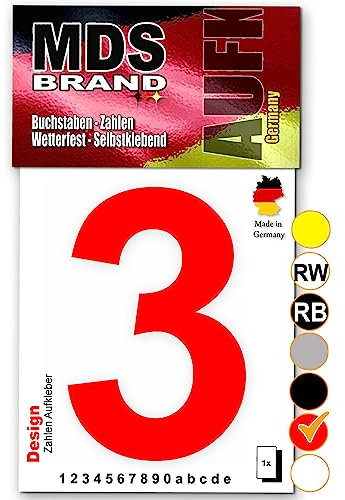 MDS Brand Design 15cm Zahlen Aufkleber Selbstklebende Klebezahlen für Briefkasten, Mülltonne & Hausnummeren Aufkleber für Außen & Innen, D-15 (3, Rot)