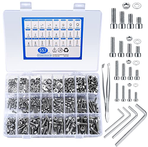 557 Stück Schrauben Muttern und Unterlegscheiben Sortiment Kit, Edelstahl Sechskantschrauben, Innensechskant Schrauben Set, Sechskopf-Knopf Schrauben Muttern mit Schraubenschlüssel