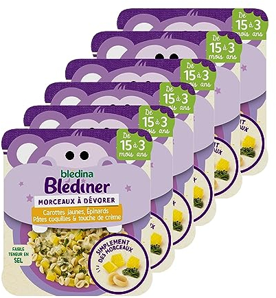 Blédina Morceaux à Dévorer - Petits Plats Bébé - Carottes Jaunes Epinards Pates Coquilles & Touche de Crème - Dès 15 Mois - Le Pack de 6 Plats de 200g