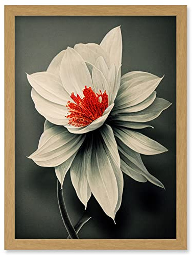 Wee Blue Coo Realistic Greyscale Macro Flower Floral Bloom with Orange Red Stamen Artwork Framed Wall Art Print A4