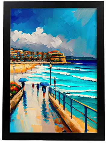 Nacnic Poster Bondi Beach im Ölgemälde Stil. Illustrationen von Denkmälern und Städten im fotografischen Vollfarbstil. Innenarchitektur und Dekoration. A3 mit schwarzen Rahmen.