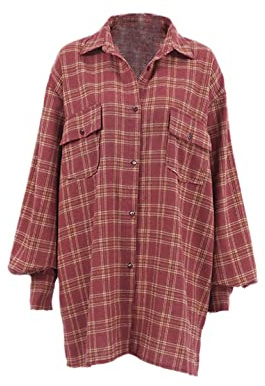 Pohullan Rot Plaid Shirts Damen Unregelmäßige Langarm Oversized Blusen Lose Gingham Tops, Gingham-Shirt, M