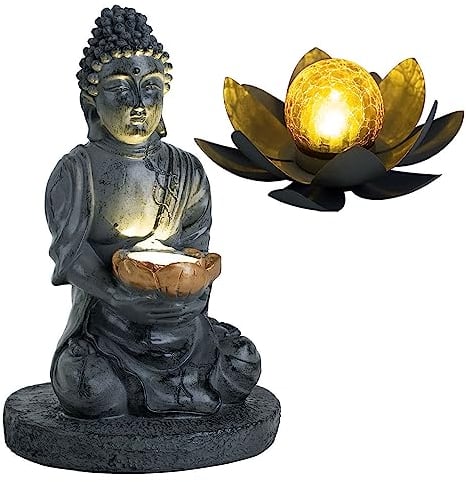 etc-shop Solarleuchte Buddha Feng Shui Außen Solarblume Aussen Lotusblume Solar Crackle Glas, grau, LED Leuchtmittel, 1x Lotus 1x Buddha, 2er Set