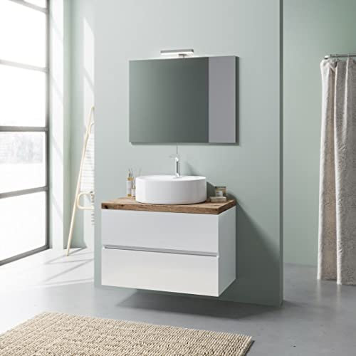 Kiamami Valentina - Mobile Bagno Sospeso 80CM | 2 Cassetti con Chiusura Rallentata | Lavabo in Ceramica | Specchio 80x60 | Bianco Lucido, Top Rovere Naturale, Legno