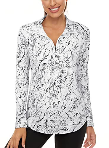 Workout Tops for Women UK, Ladies Golf Polo Shirts Long Sleeve UPF 50+ Running Pullover Casual 1/4 Zip Up Stand Collared Long Sports Tops Cycling Gym Yoga Hiking Tops
