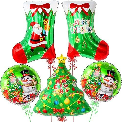 5 Stück Weihnachten Luftballons, Großer-Weihnachtsbaum Weihnachtsstrumpf Folienballon Weihnachtsdeko Party Ballons für Weihnachtsfeier Deko