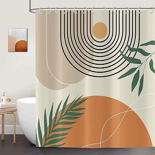 ASDCXZ Tenda da doccia boho 240 x 180 cm (larghezza x lunghezza), moderna astratta, stile boho, sole, luna, foglie beige, lavabile, tenda da doccia in poliestere, impermeabile, per vasca da bagno con