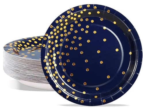 AIPartywar Party Paper Plates - 50-Pack Dark Blue & Gold Foil Polka Dots, 9-Inch Dinner Plates for Graduation, Wedding, Birthday Parties