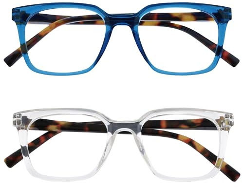 OPULIZE KOI Lesebrille 2er Pack - Große Rechteckige Brillenfassung - Blau-Durchsichtig - Damen, Herren - Federscharniere - RR50-3C - +1.00