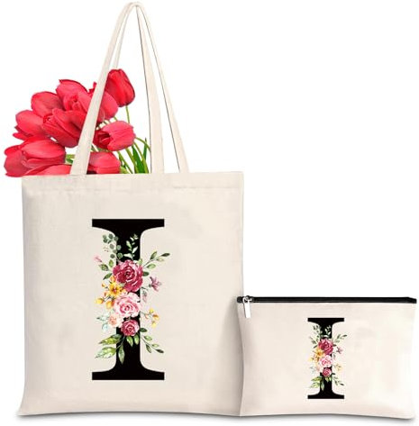Baumwolltasche personalisiert mit Namen, Frauen Initialen Einkaufstasche Geschenk Tragetasche und Kosmetiktasche für Damen Freundin Mama Geburtstag, Hochzeit, Valentinstag, Muttertag Tasche(I)