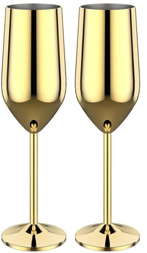2PCS Stainless Steel Champagne Flutes 6oz/200ml Prosecco Copper Wine Glasses Unbreakable Glass Gift Set for Party Office Wedding Anniversary (Gold)