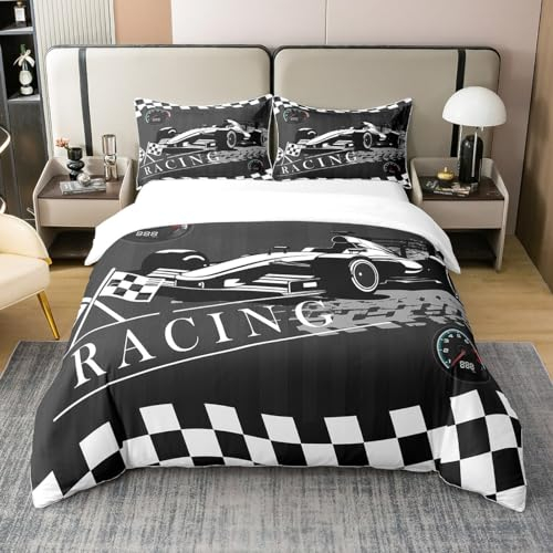 100% Baumwolle Jungen Racing Auto Bett Set Kinder Teens Extreme Sport Thema Bettbezug 200x200,Schwarz Weiß Buffalo Bettwäsche Sprots Auto Tröster Bezug,Geometrische Plaid Karierte Bettbezug (Schwarz)