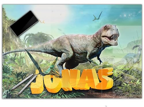 Schreibtischunterlage personalisiert mit Namen | 60 x 40 cm Dinosaurier, Dino | wasserfeste Schreibunterlage, abwischbar, glatt | stabiles, hochwertiges Acrylglas, Kinder Kunststoff