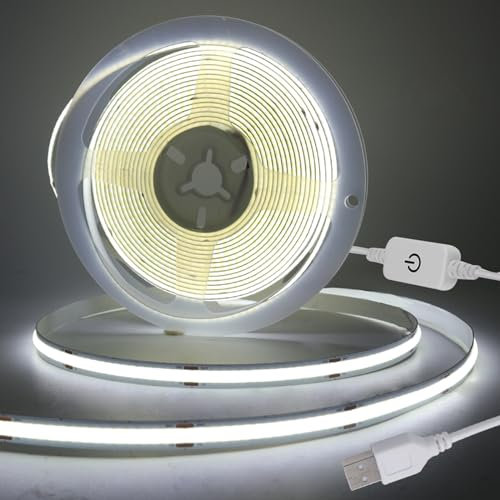 GAOUK DC5V COB LED Light Strip USB Touch Dimmer Switch, 320 LEDs/m Flexible Super Bright FCOB LED Under Cabinet Light CRI90+, Indoor Home DIY Lighting [5m, White Light 6000K]