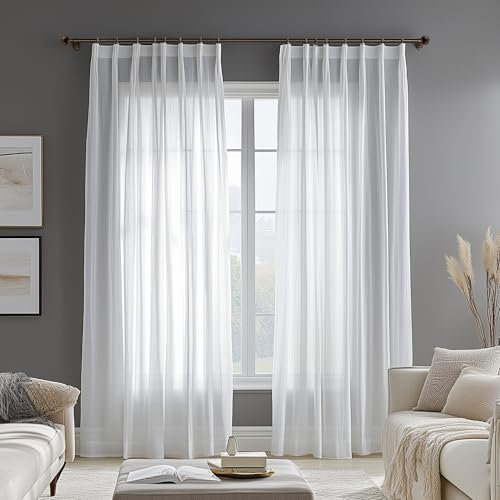 Deconovo Voile Gardinen mit Kräuselband Gardinenschal Vorhänge Dekoschal Transparent Vorhang Leinenoptik, 200x140cm(HöhexBreite), Weiß, 2er Set