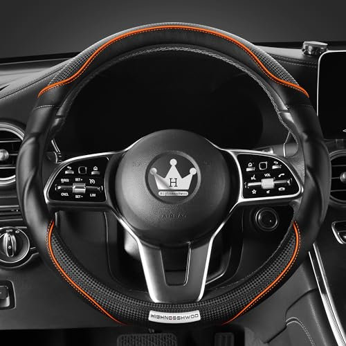 HighnessHwoo 3D Auto Lenkradabdeckung Lenkradbezug Komfortgriff Massage Sportlich Arutschfest Karbonfaser Kunstleder für Limousine, SUV, Universelle Passform, Auto Griff Abdeckungen, 37-38cm, Orange