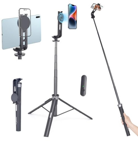 Koolehaoda Perche à selfie magnétique - Trépied de téléphone - 163 cm - Avec support magnétique pour iPhone, Samsung, GoPro, smartphone et tablette
