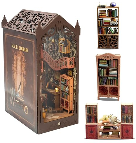 INSGEN DIY Miniature Dollhouse Greenhouse Building Room Kit, Wooden Diorama Book Nook House Kits Building Crafts for Adults, Mini Street Tiny Library House Making Kit 1:24 (TSZH227-Magic Library)