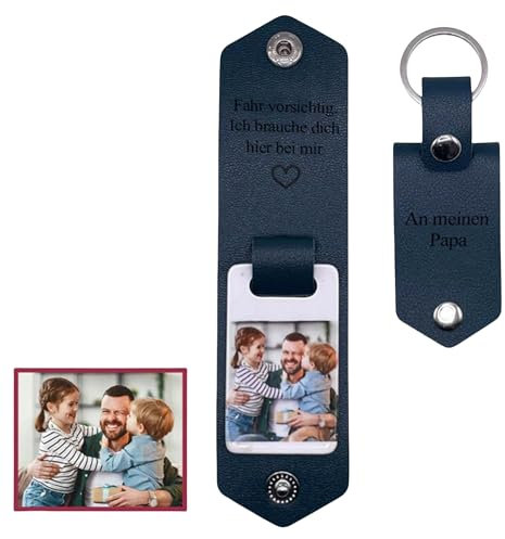 hadefa Porte-clés en cuir personnalisé, porte-clés en cuir personnalisé pour homme avec photo/texte, calendrier gravé au dos, cadeau pour homme, cadeau de fête des pères, cadeau d'anniversaire pour