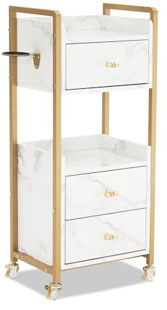 M MCombo Servierwagen mit Rollen & 3 Schubladen, Friseurwagen Rollwagen, Salon Trolley mit 2 Ablagen & Föhnhalter, Moderner Arbeitswagen für Bad Wohnzimmer, 30x40x95cm, 0022 (Weiß-Gold)