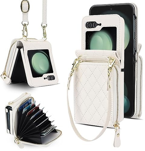 XIZYO Crossbody Reißverschluss Leder Brieftasche Klapphülle für Samsung Galaxy Z Flip 6, mit Verstellbarem Abnehmbarem Kordel, für Frauen Mädchen Niedlich Luxus Handyhülle mit Kartenfach, Weiß