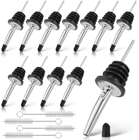 Gteyaeen Metal pour 12 Pezzi Cocktail Versatori in Acciaio Inox Versatore Tappo Salvagoccia Conico Liquore Beccuccio Bottiglia per Liquore Olio Cocktail Vino Feste Bar (con 4 Spazzole)