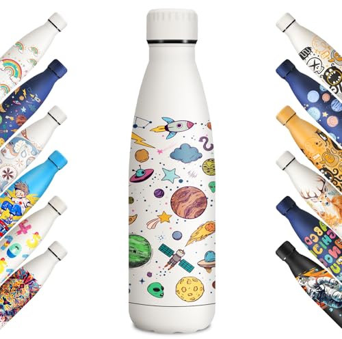 KollyKolla Thermosflasche 500ml, Wasserflasche Personalisiert, Trinkflasche BPA-Frei, Auslaufsicher Doppelwandig Thermoskanne, für Fitness, Laufen, Büro, Kinder, Erwachsene, Universum-Weiß