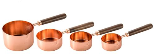 4-Piece Stainless Steel Measuring Cups Set with Wooden Handles – Engraved Measurement Cups for Baking and Kitchen Use, Stylish and Durable Measure Cup Set, Rose Gold