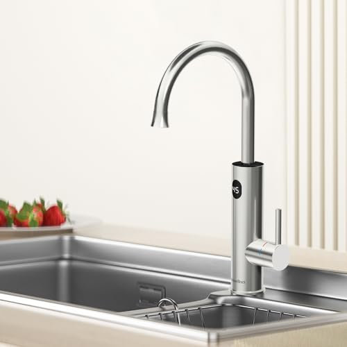 Briwellna Edelstahl Heiß wasserhahn mit Digitalanzeige, 360 Grad Drehbarer Durchlauferhitzer Wasserhahn, Schnellheiz Wasserhahn, Elektrischer Wasserhahn (Silber)
