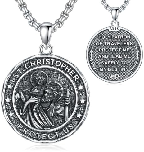 Shusukue St. Christoph Halskette 925 Sterling Silber Saint Christoph Amulett Schutzpatron Halskette Medaillen Gebetsmünzen Anhänger Christlicher Religiöser Schmuck für Frauen Männer