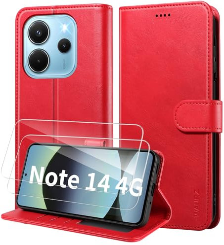 WAURZ Coque Xiaomi Redmi Note 14 4G 2 Verres Trempés Etui Porte-Carte Clapet Portefeuille Cuir Protection Flip Cover Rose