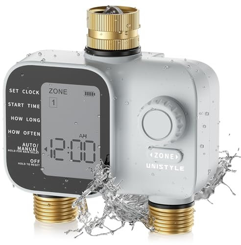 [2026 Upgrade] Water Timer 2 Zones, Unistyle Hose Timer 2 Outlets for Sprinkler Irrigation, Industrial-Grade Brass Inlet/Outlet​, Auto/Manual/Delay Modes for Garden Watering, Smart Battery Management