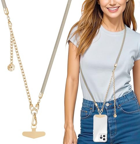 ROCONTRIP 2-In-1 Mobile Phone Lanyard Adjustable Crossbody Phone Chain Strap with Detachable Metal Wrist Strap, Neck Strap for Most Phones with Metal Tether Tab (Khaki+Gold)