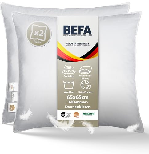 BEFA NATUR Daunenkissen 65x65 cm (2 Stück) | 3-Kammer Kopfkissen | 90% Daunen & 10% Federkissen | Allergiker geeignet (NOMITE) | Tierwohl Zertifiziert (DOWNPASS) | Oeko-TEX Klasse 1 | Made in Germany