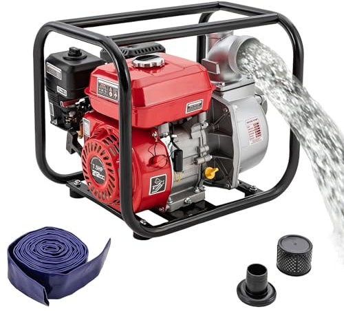 7.5PS Benzin-Wasserpumpe Gartenpumpe,35000l/h und 30m Förderhöhe&8m Ansaughöhe, 3 Zoll Anschluss,Schmutzwasserpumpe mit 4-Takt-Motor,Seilzugstart, Metallfuß, inkl.7.5m Wasserleitung,Saugkorb