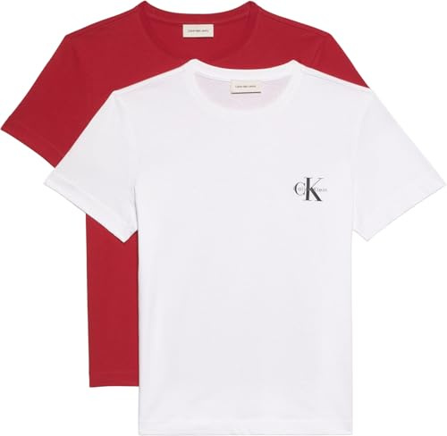 Calvin Klein Damen 2er Pack T-Shirts Kurzarm Logo Tee mit Rundhalsausschnitt, Mehrfarbig (Adrenaline Rush/Brilliant White), M
