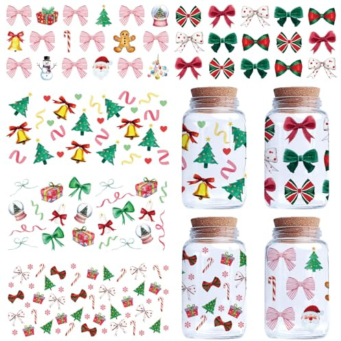 CREATCABIN 5 Blatt Weihnachts UV DTF Becherfolien Weihnachts Transferfolien Aufreiben Glasbecher PVC Schneemann Schleife Glocke wasserdichte Aufkleber Transferaufkleber Für Bastelbedarf 24x11cm