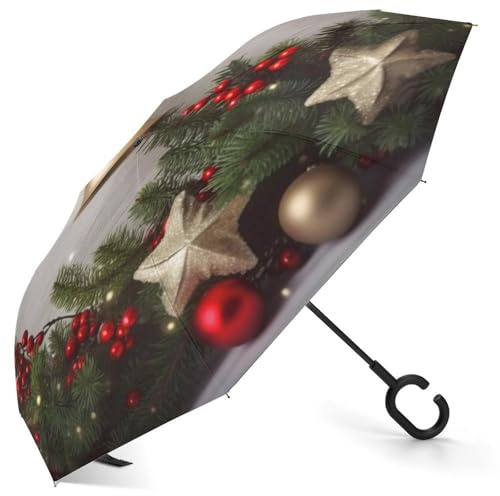 FZMVSQH Christmas Tree And Bells Inverted Umbrella Windproof Reverse Umbrella for Rain, Sun UV Protection Upside Down Umbrellas, Portable Compact Travel Umbrellas, Auto Open Close, For Car Backpack