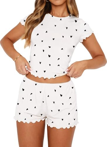 LACOZY Matching Pj Set for Women 2 Piece Short Sleeve Cute Flower Pajamas Set Crop Top and Shorts Y2K Lounge Set White S