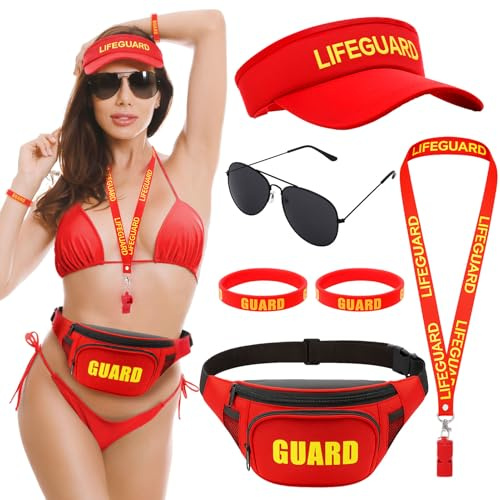 GSrenyu 6 Pcs Life Guard Costume Accessories Set Baywatch Costume Include Hat Bag Sunglasses Bracelets and Whistle Life Guard Fancy Dress for Adult Beach Poor Halloween Cosplay Party