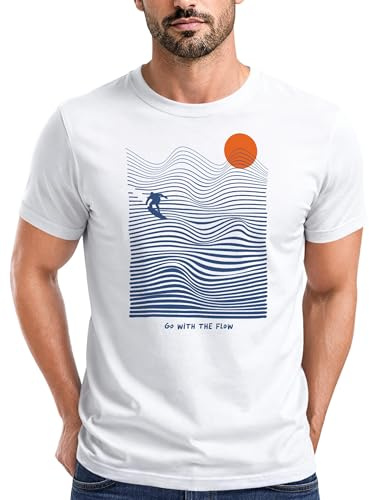 Neverless® Herren T-Shirt Surfshirt mit Wellenlinien, Sonne & Surfer Motiv – Sommer Grafikshirt im minimalistischen Look Fashion Streetstyle