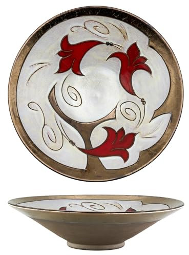 Felisteya Handmade Ceramic Fruit Bowl – 25.5cm Wheel-Thrown Artisan Pottery, Hand-Glazed White, Gold and Red Decorative Bowl, Fruit Bowls for Table and Coffee Table Decor, Home Decor Gift – Model 2