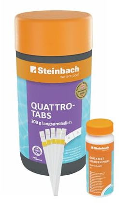 Steinbach Poolpflege Test-Set | Quicktest Streifen für pH-Wert & freies Chlor + Quattrotabs 200 g | Wasseranalyse & Desinfektion in einem Set | schnelllöslich & pH-neutral | für Pools & Whirlpools