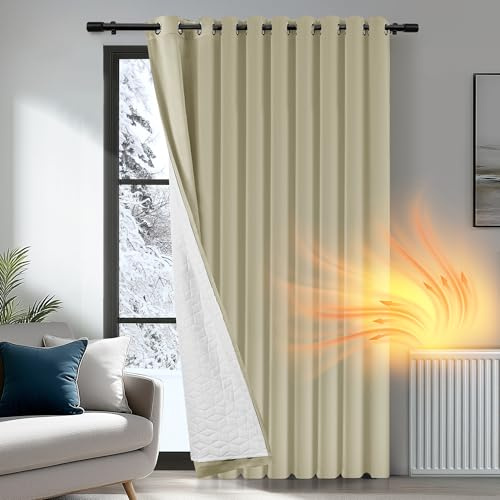 Deconovo Thermovorhang Kälteschutz, Gardinen mit Ösen gegen Kälte, Wärmeisolierend Vorhang Verdunkelung Wohnzimmer, 245x300cm(HöhexBreite), Beige, 1 Stück