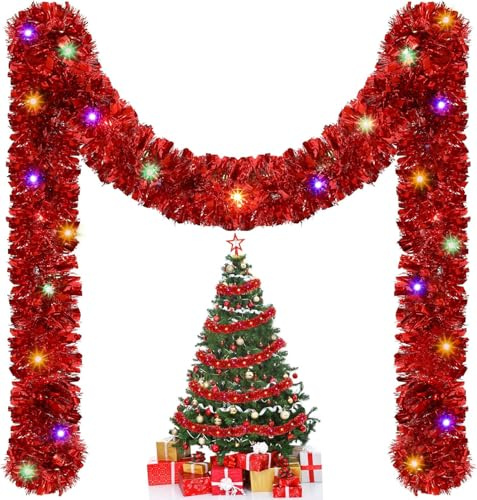 Weihnachtsgirlande mit Beleuchtung 5m Girlande Weihnachten Beleuchte Weihnachtsbaum Lametta Girlande mit LED Lichtergirlande Christmas Garland with Lights für Innen & Außen