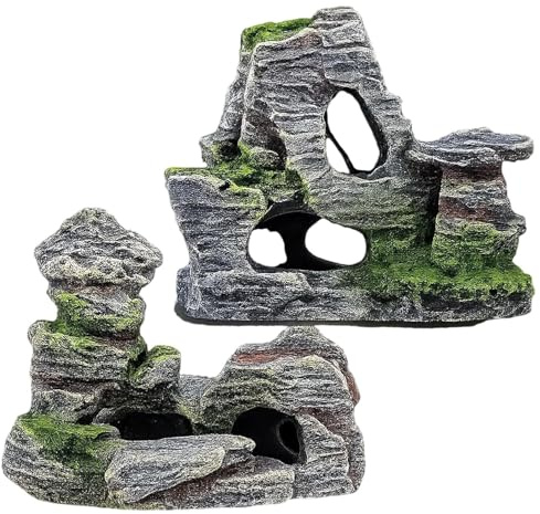 MaoNativey 2er Set Aquarium Höhle mit Gras Design | Fischversteck & Garnelenhöhle aus Resin | Natürliche Fels-Versteckhöhle mit Berglandschaft Deko