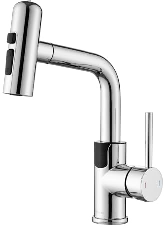 Rubinetto Bagno Lavabo Doccetta Estraibile Cromato LED Temperatura | Miscelatore Lavabo Bagno Mynaiad Monocomando con 4 Getti, Girevole 360°,Finitura Cromata Anti-impronte