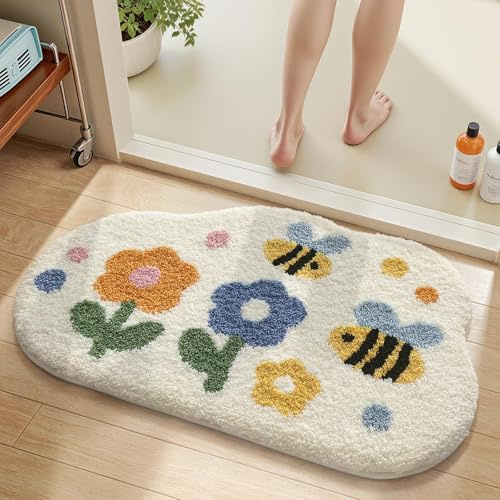 Justup Bienenblumen-Badezimmerteppich, 50x80 cm Weiche Antirutsch Badematte | Saugfähiger Rutschfeste Badematte mit Blumen-Motiv, Maschinenwaschbar, Fußmatte für Badezimmer, Duschraum, Schlafzimmer